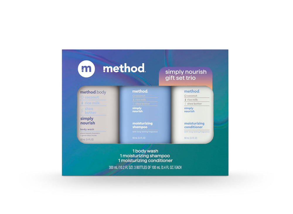 Method front packaging showing three travel bottles, easy gifting