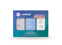 Method front packaging showing three travel bottles, easy gifting