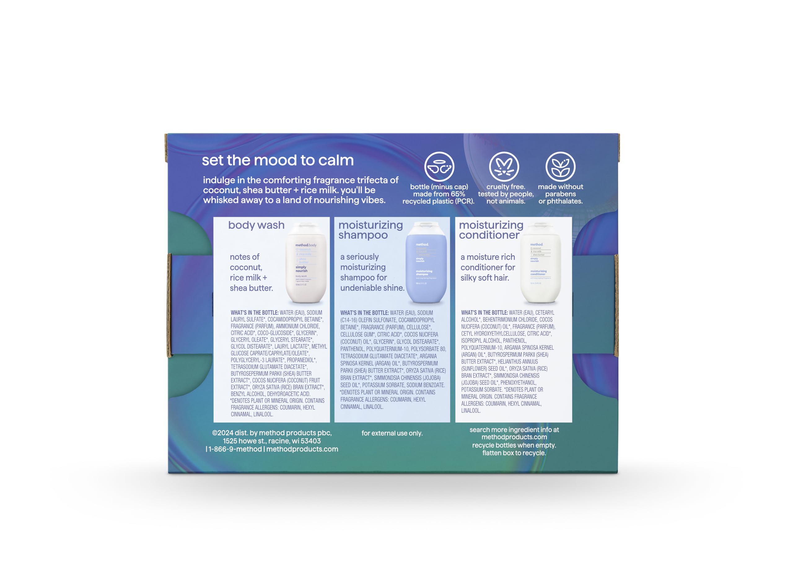 Method three 3.4 fl oz bottles lined up, simple travel convenience