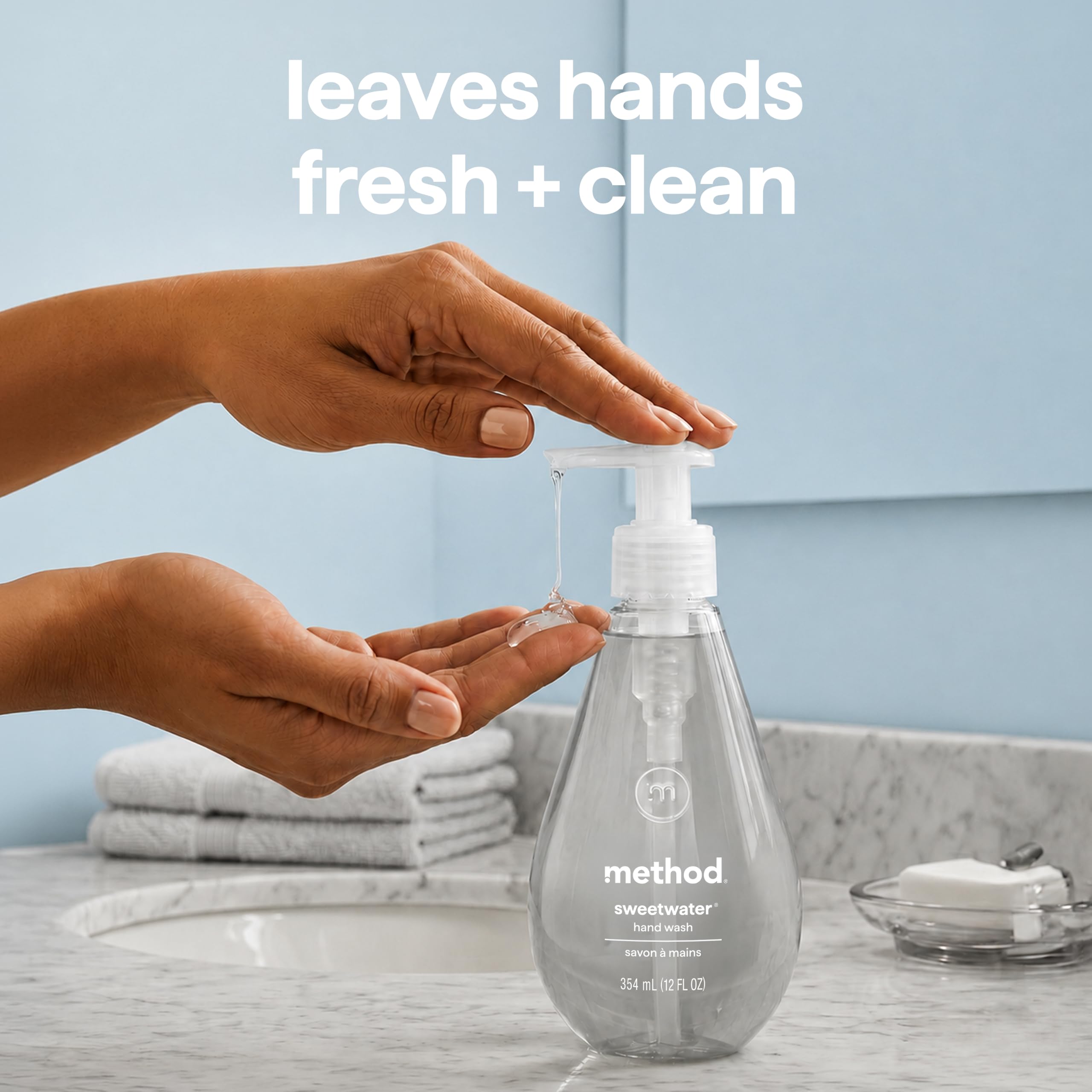 Method bottle in styled bathroom, complements modern sink decor