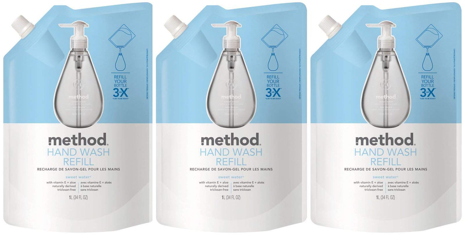 Method Sweet Water front packaging showing three refill pouches and eco benefit