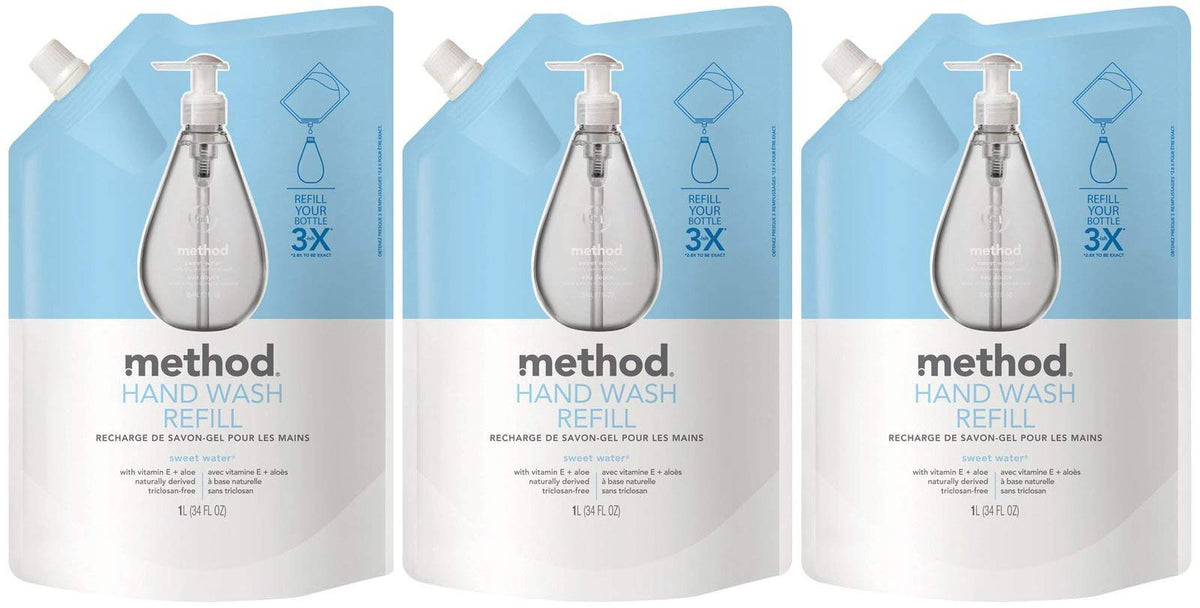 Method Sweet Water front packaging showing three refill pouches and eco benefit
