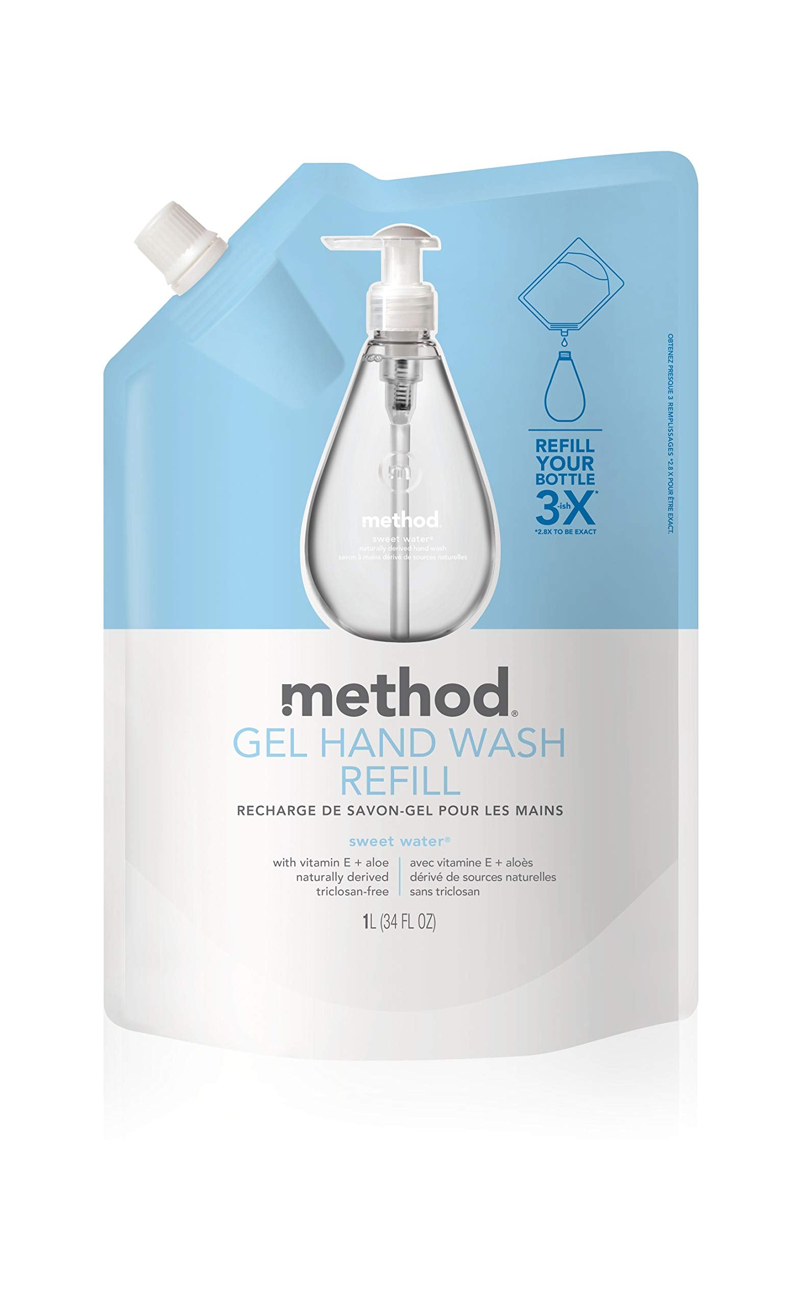 Method Sweet Water pouch spout close-up for easy no-mess refilling