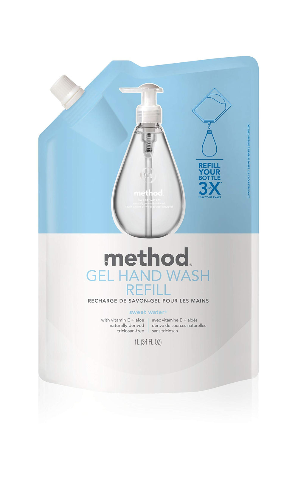 Method Sweet Water pouch spout close-up for easy no-mess refilling