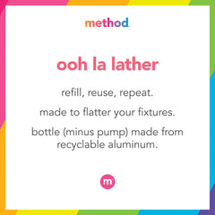 Method gel lathered in hand demonstrating gentle foam and cleansing action