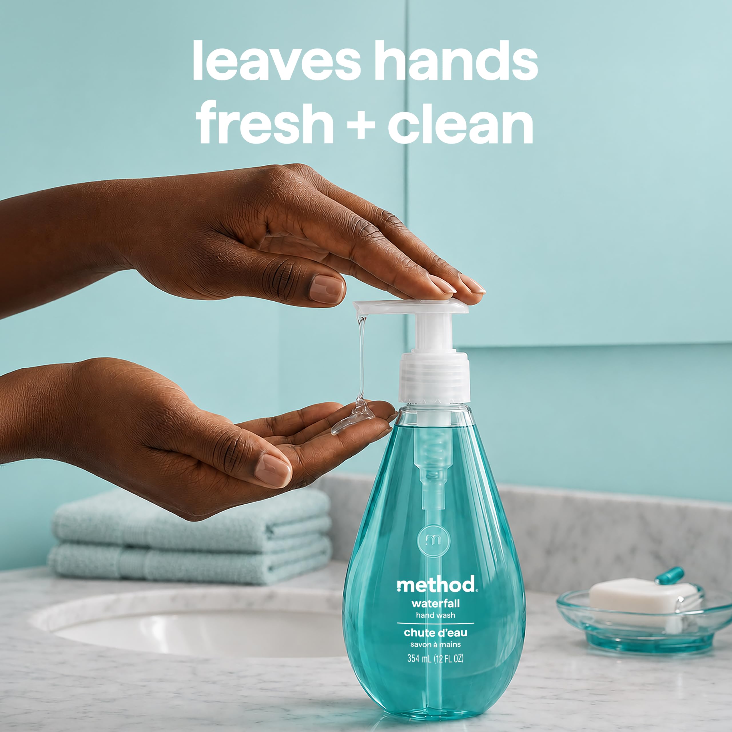 Method bottle in modern bathroom setting showing subtle scent and lifestyle benefit
