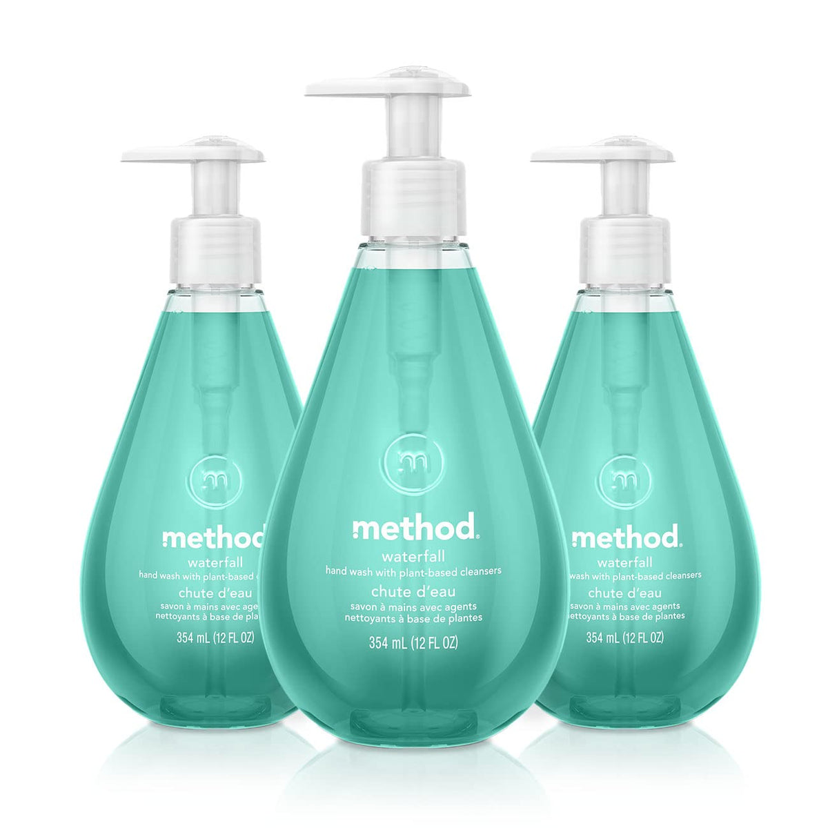 Method front packaging showing three Waterfall bottles and clear labeling benefit: easy refill