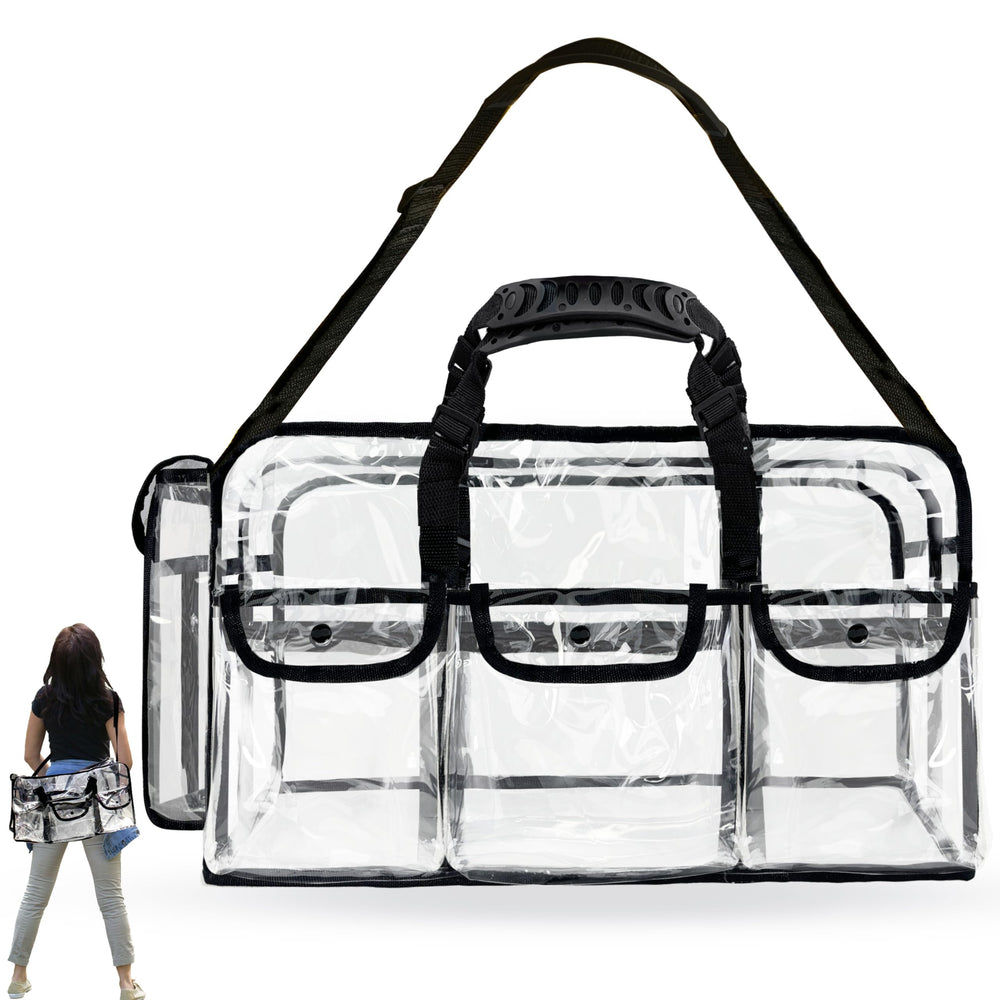 Mewcho front view clear duffle showing full bag and visibility benefit