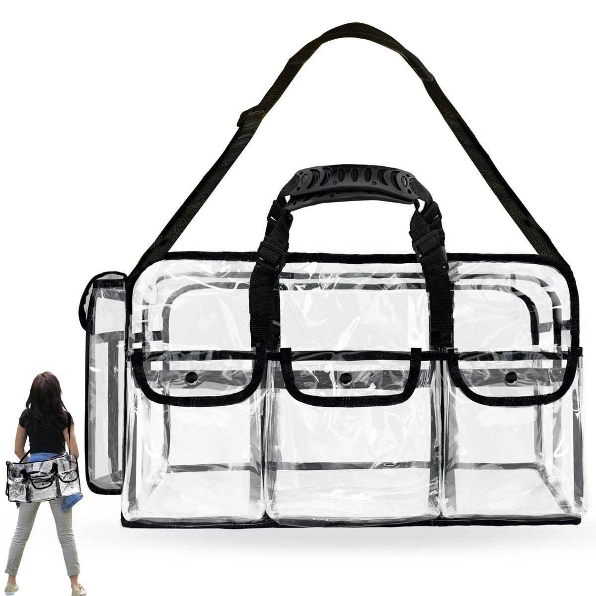 Mewcho front view clear duffle showing full bag and visibility benefit