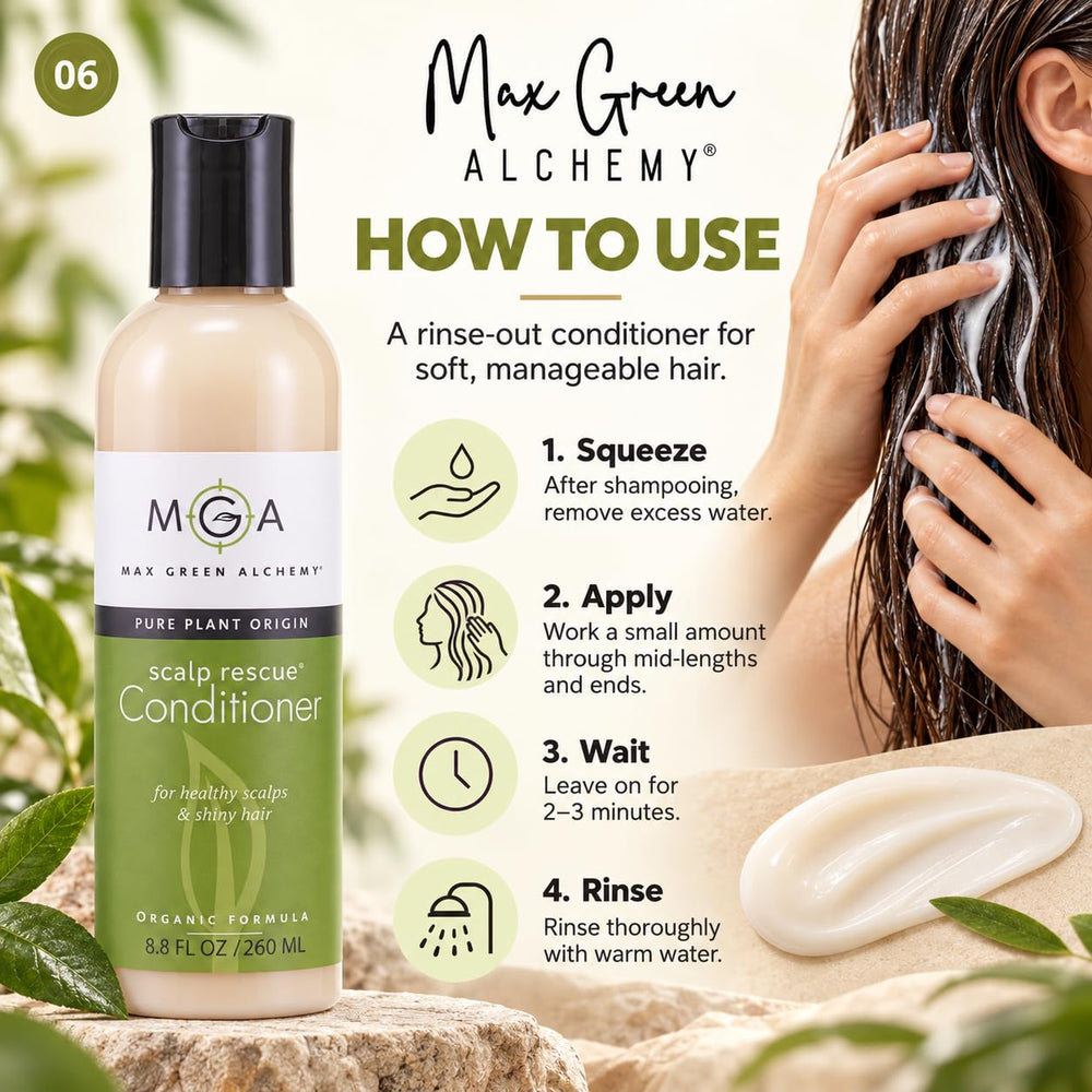 Max Green Alchemy conditioner in shower illustrating simple application