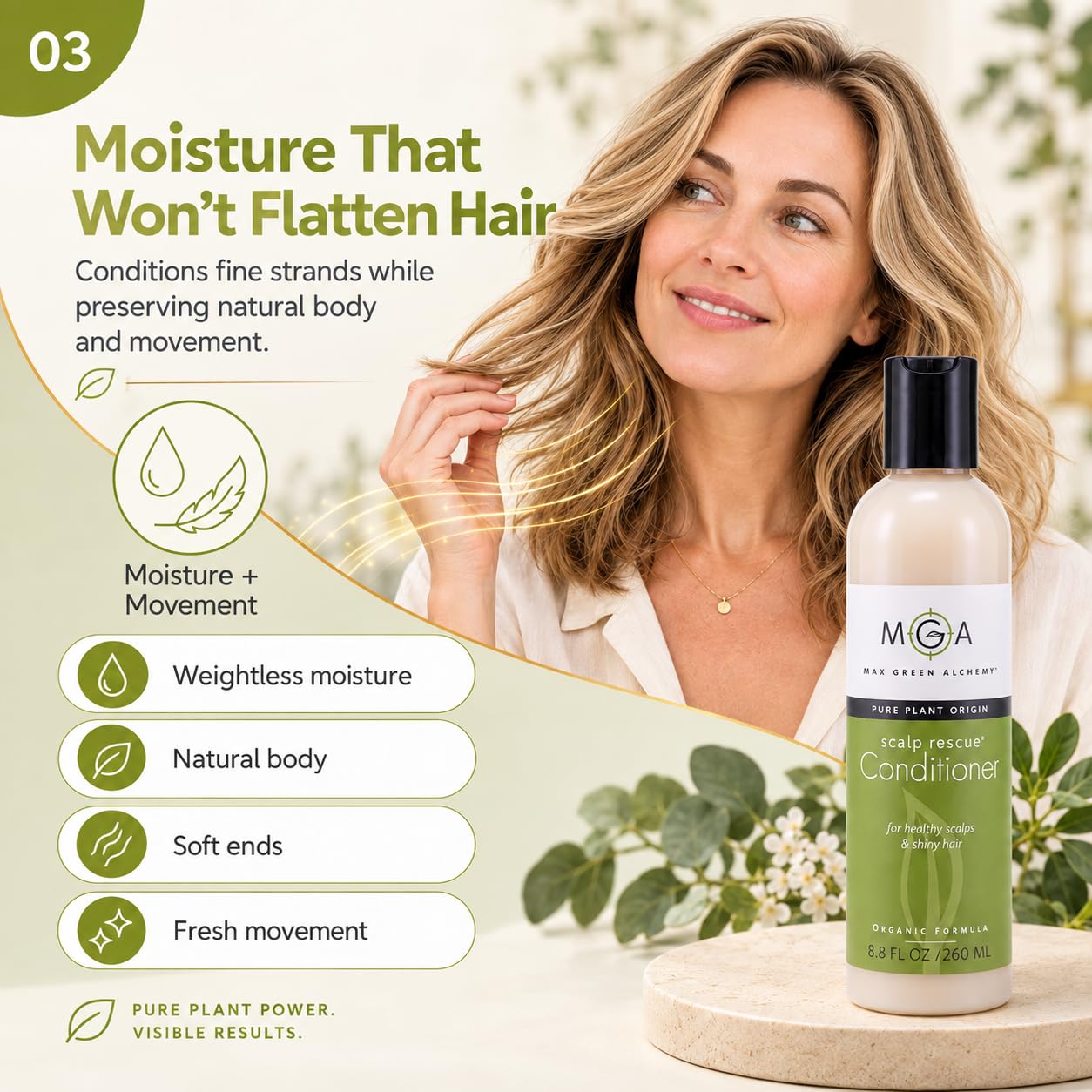 Max Green Alchemy tea tree close-up highlighting soothing scalp benefits
