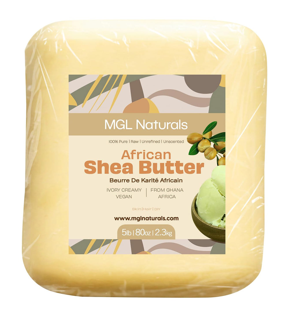 MGL Naturals tub front view showing pure 5 lb shea butter for bulk use