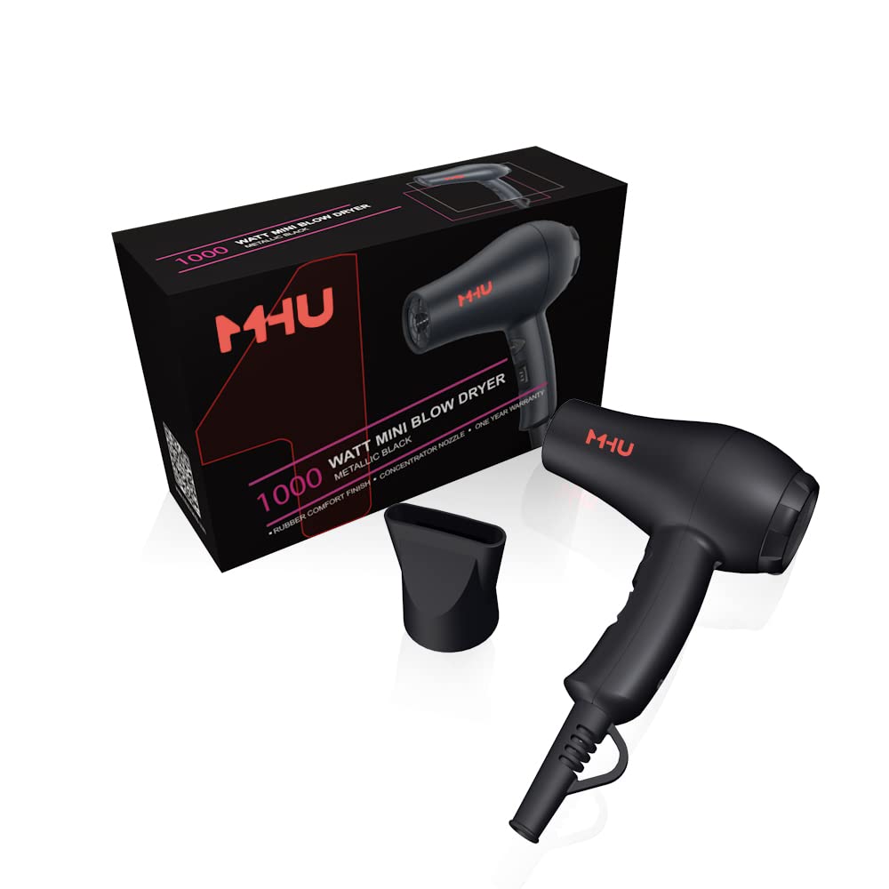 MHD dryer held in hand to demonstrate compact travel-friendly size