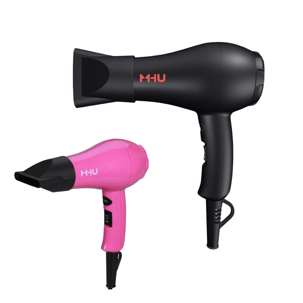 MHD mini hair dryer front view showing controls and compact benefit