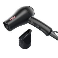 MHU mini blow dryer held in hand to show compact size and portability for travel and storage