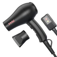 MHU mini blow dryer front view showing sleek black design and controls for travel convenience