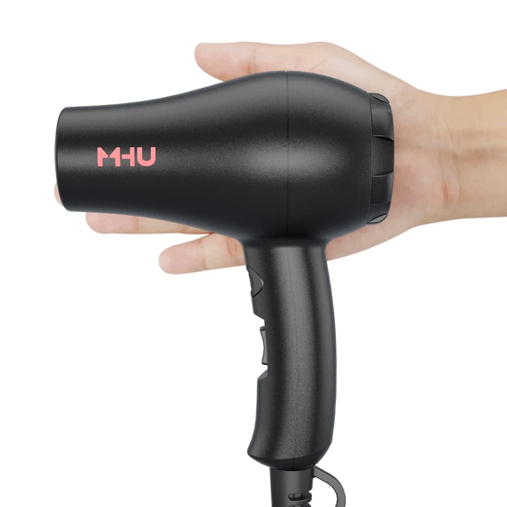 MHU mini blow dryer side profile highlighting soft curves and ergonomic grip for comfortable use