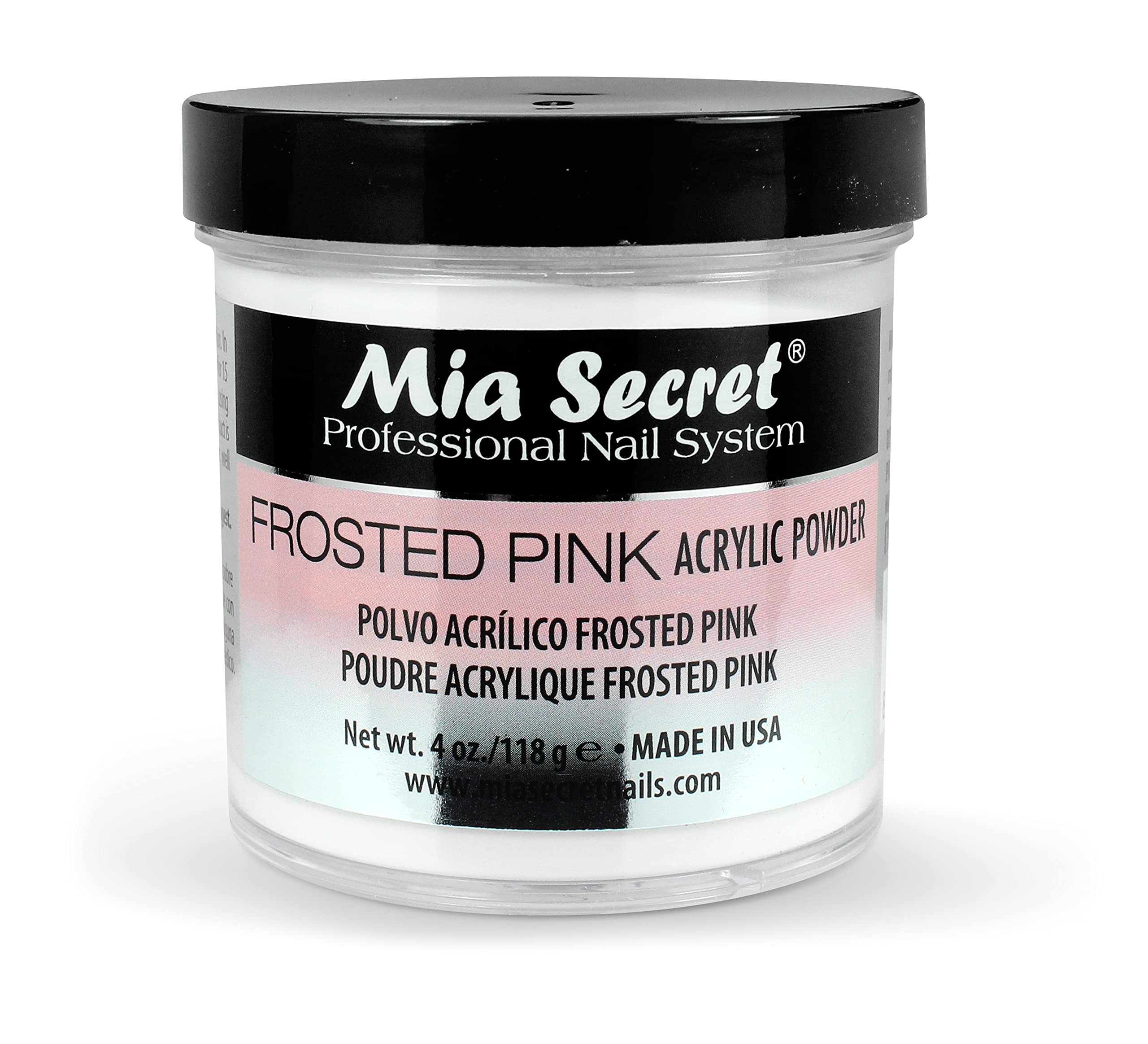 Mia Secret 4 oz jar front view showing product label and frosted pink powder benefit of clear identification