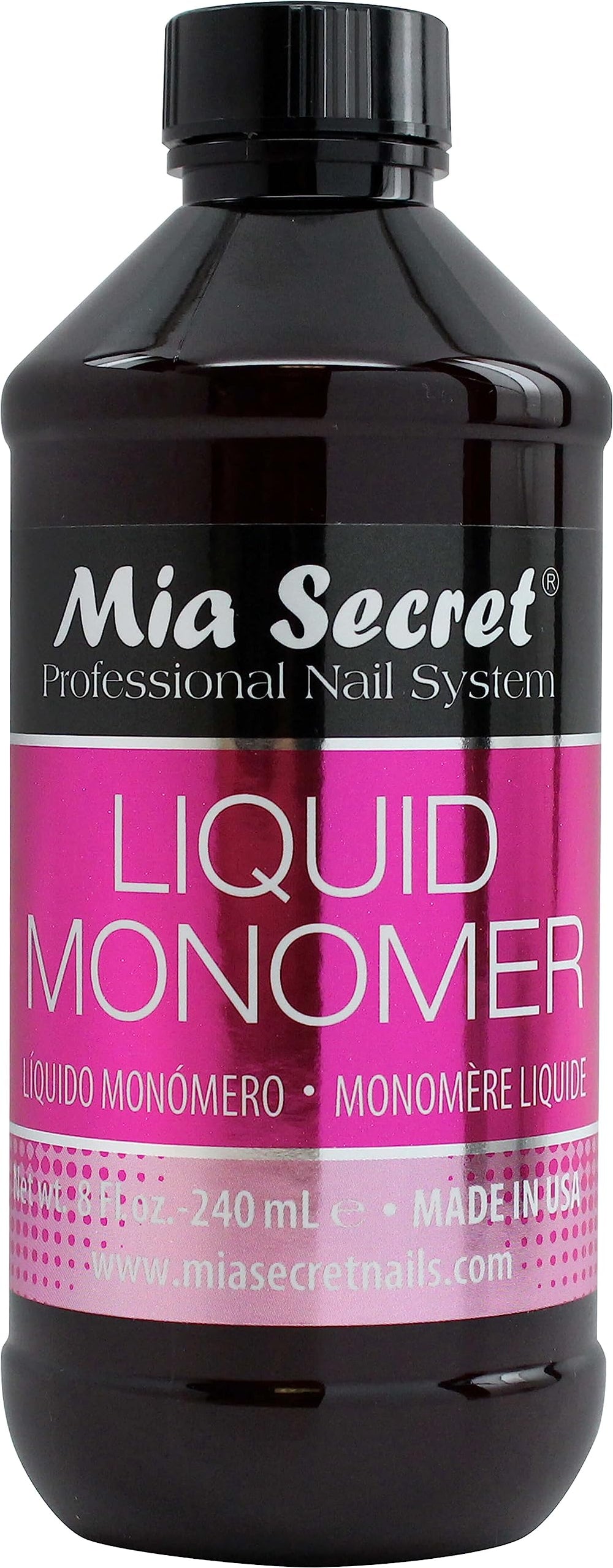 Mia Secret front bottle showing label and professional acrylic system benefits