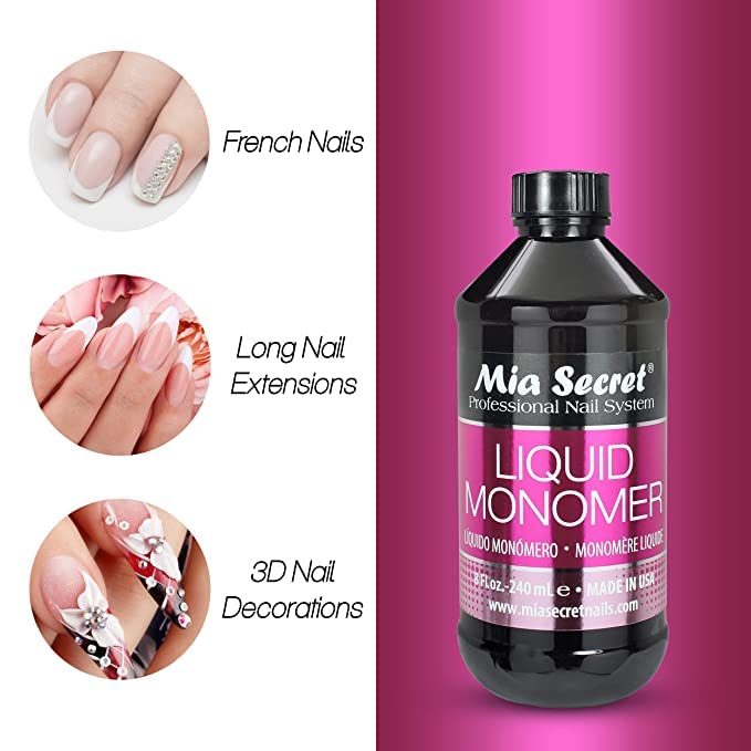 Nail technician applying Mia Secret monomer demonstrating consistent beads