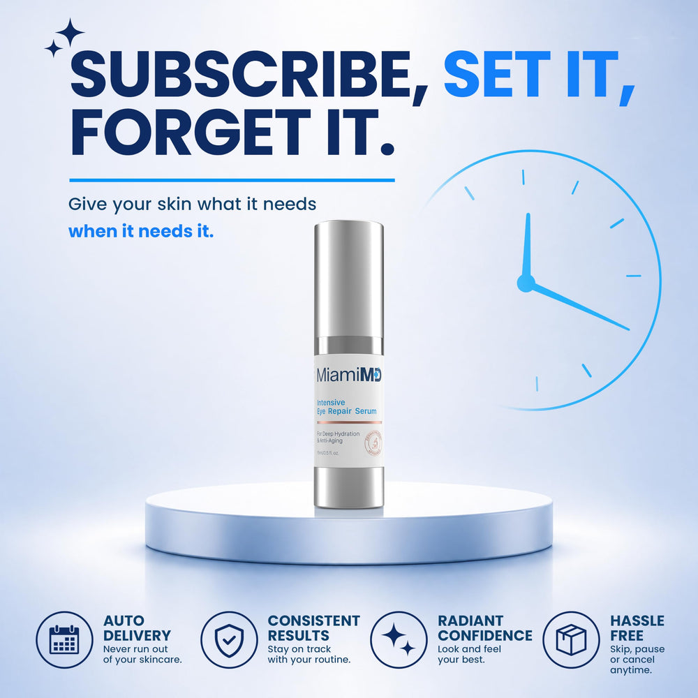 MiamiMD lifestyle bathroom counter with serum beside skincare showing daily routine integration benefit