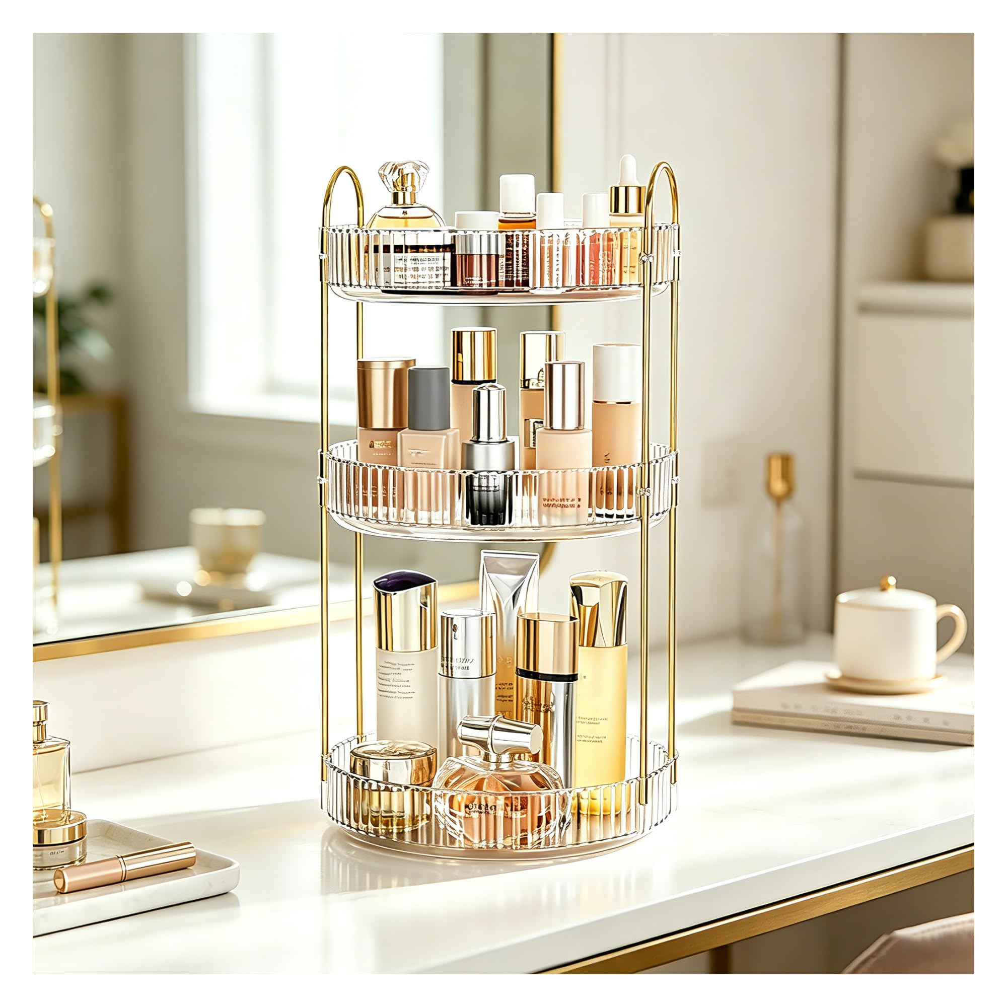 MiaoYfei front view of rotating organizer showing clear tiers and smooth rotation benefit