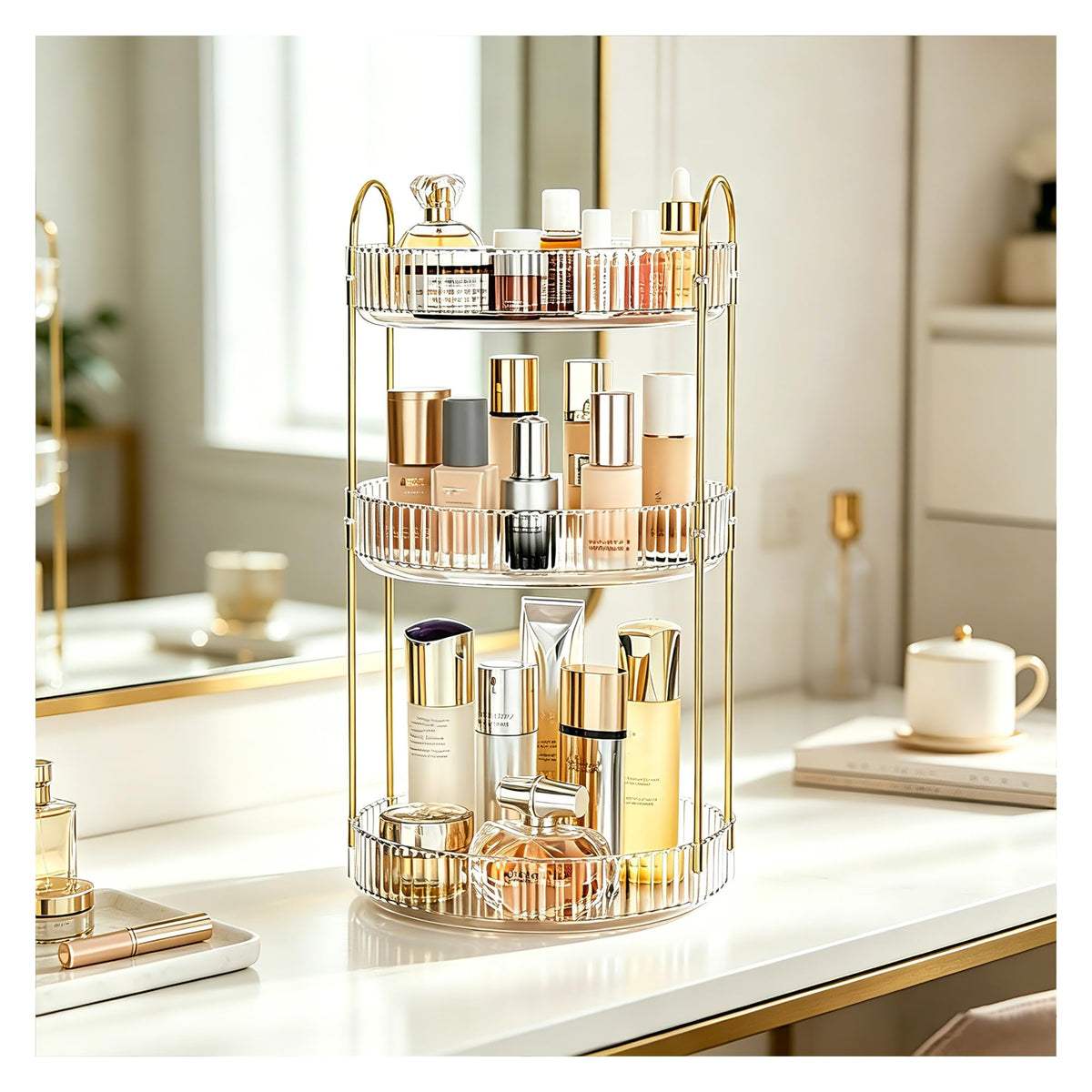 MiaoYfei front view of rotating organizer showing clear tiers and smooth rotation benefit
