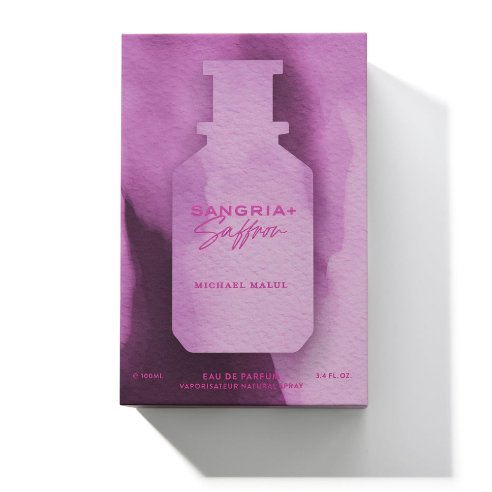 Michael Malul label close-up highlighting Sangria + Saffron name and premium finish