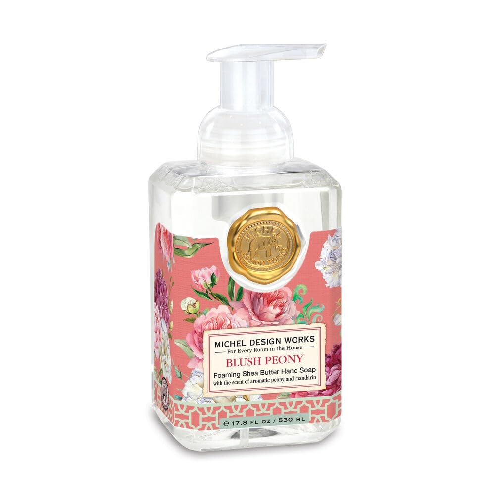 Michel Design Works bottle front view showing blush peony label and decorative design benefits display