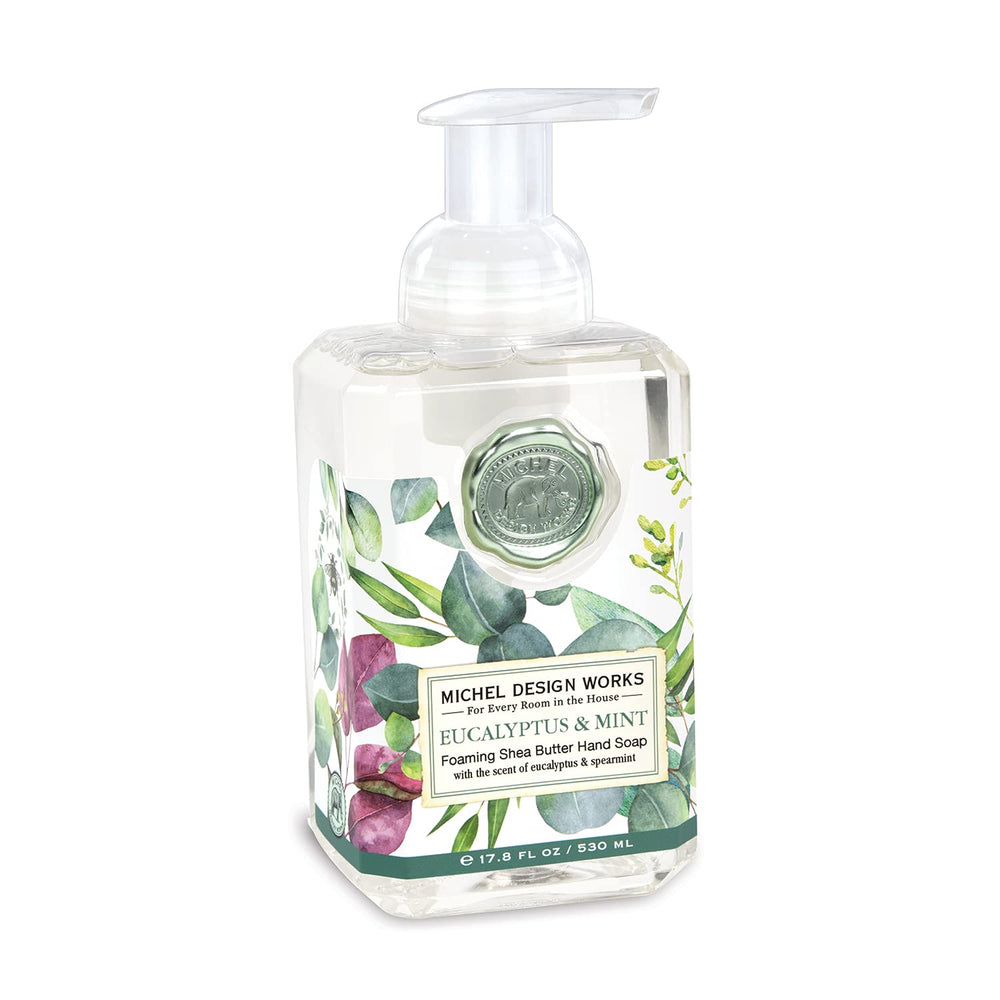 Michel Design Works front bottle view showing eucalyptus mint scent and decorative design