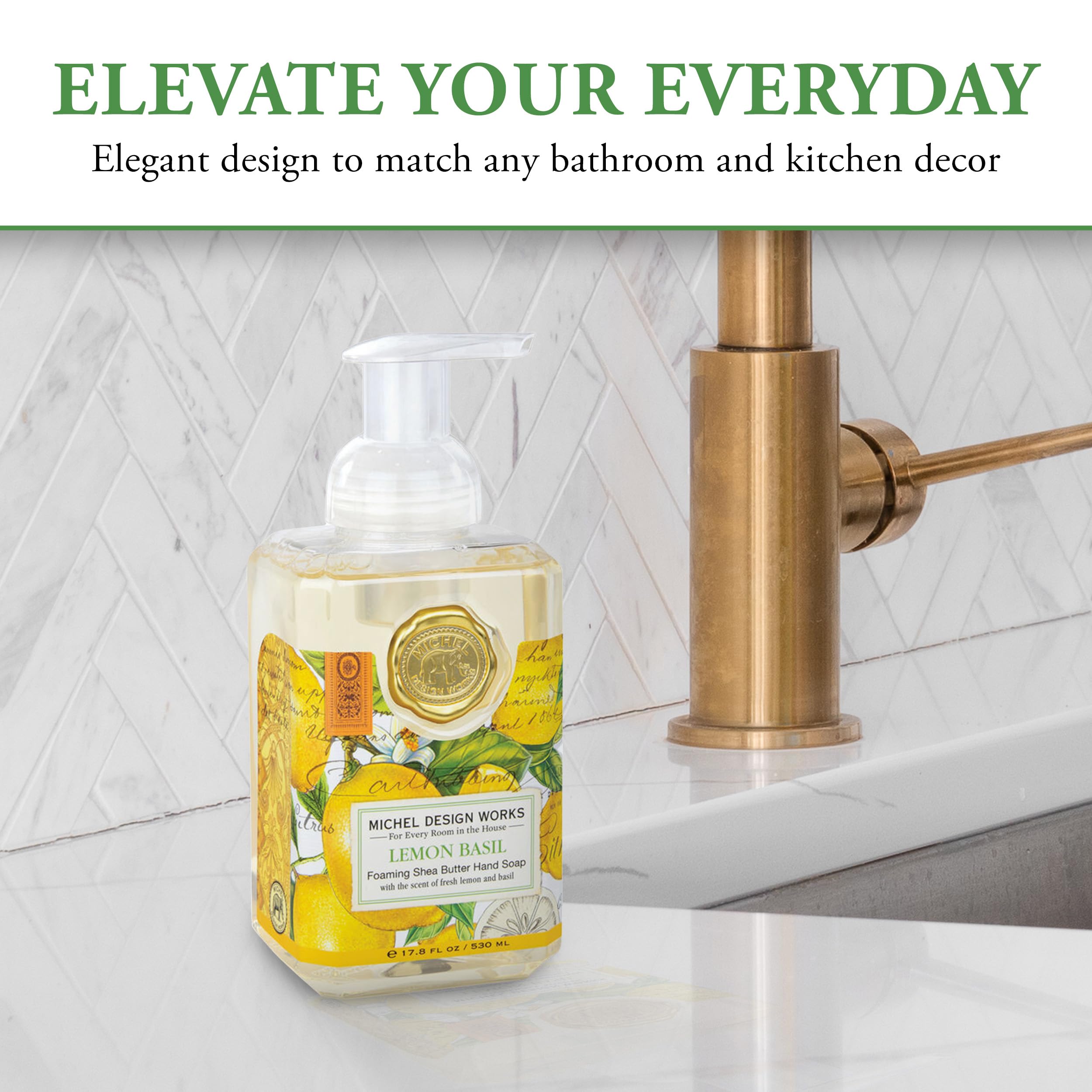 Michel Design Works bottle label detail showing lemon basil motif and elegant finish