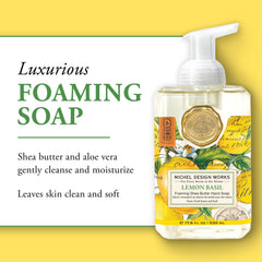 Michel Design Works foam in hand demonstrating creamy lather and quick use benefit