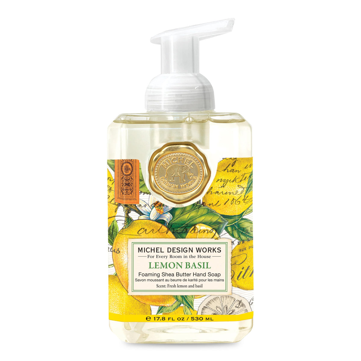 Michel Design Works front packaging showing decorative bottle and medallion benefit: stylish display
