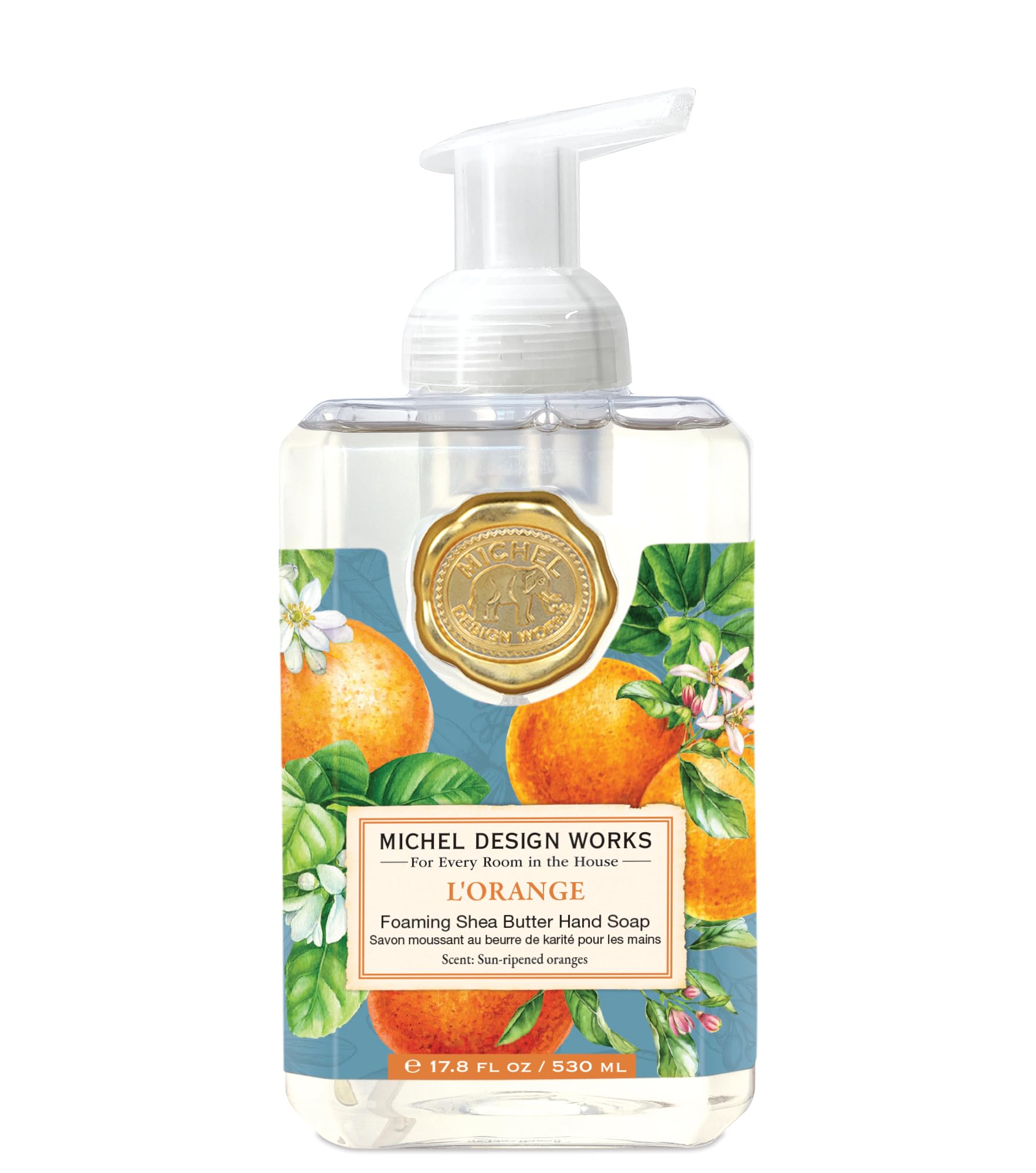 Michel Design Works dispenser front view showing citrus label and elegant design, adds charm
