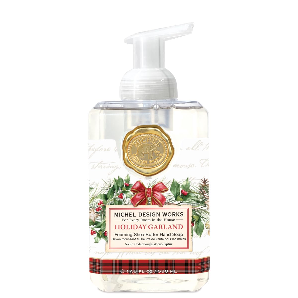 Michel Design Works square pump bottle front view showing festive label and easy dispensing