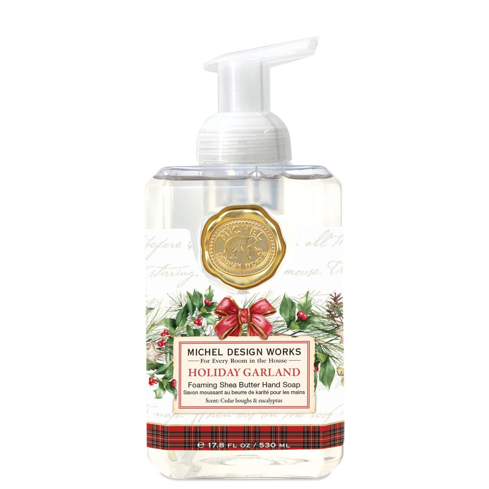 Michel Design Works square pump bottle front view showing festive label and easy dispensing