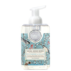 Michel Design Works front view of square Winterberry & Balsam bottle showcasing label and pump, elegant decor