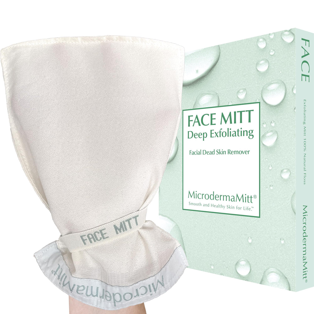 MicrodermaMitt front packaging showing product and clean presentation benefits