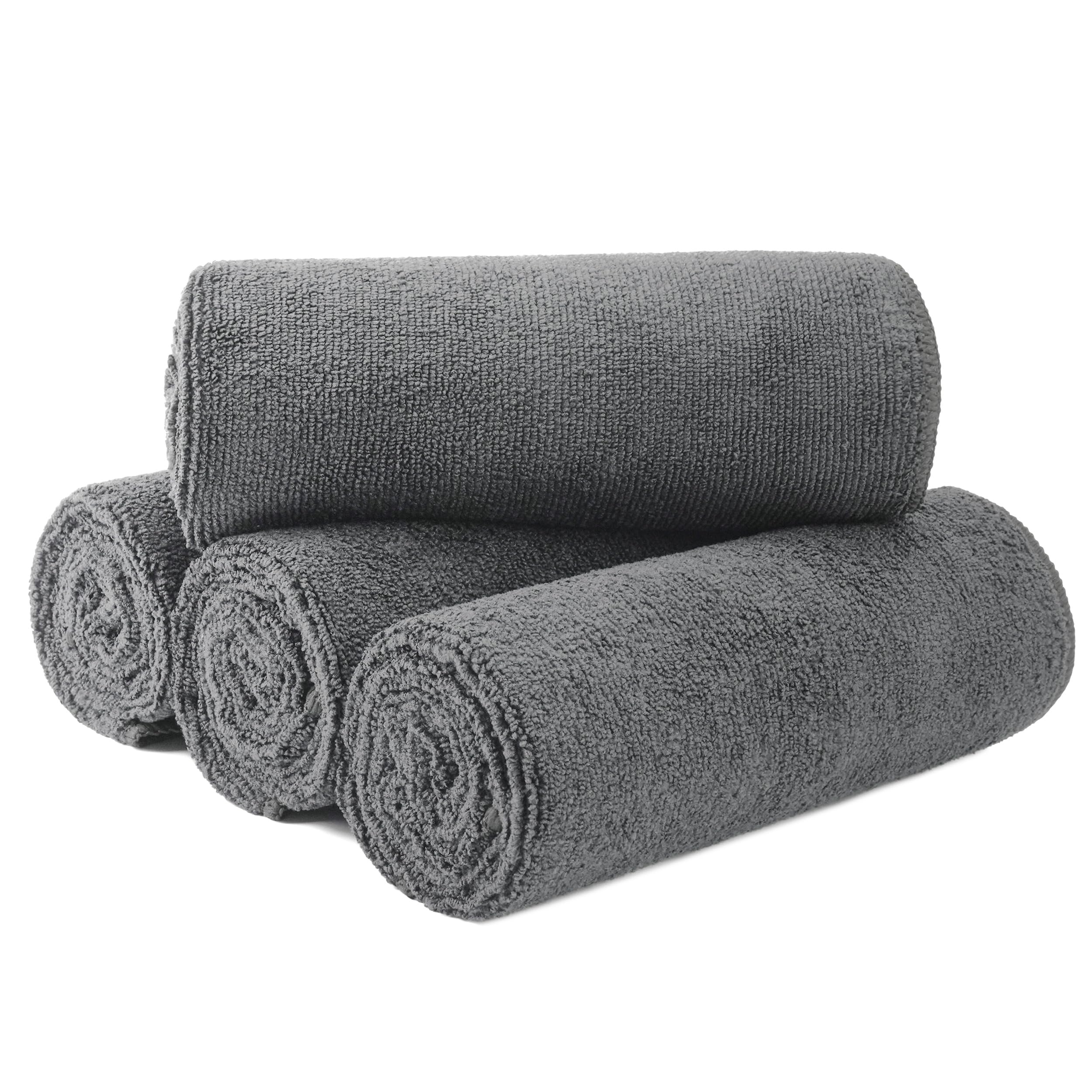 MICROFI front view of four gray towels showing compact salon pack and convenience