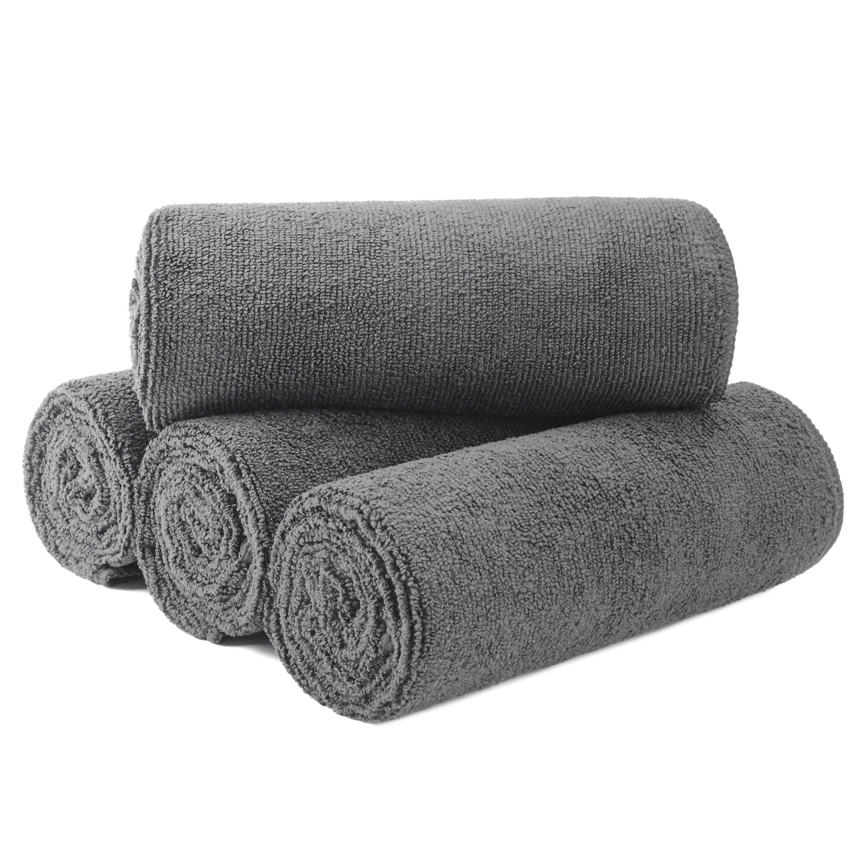 MICROFI front view of four gray towels showing compact salon pack and convenience