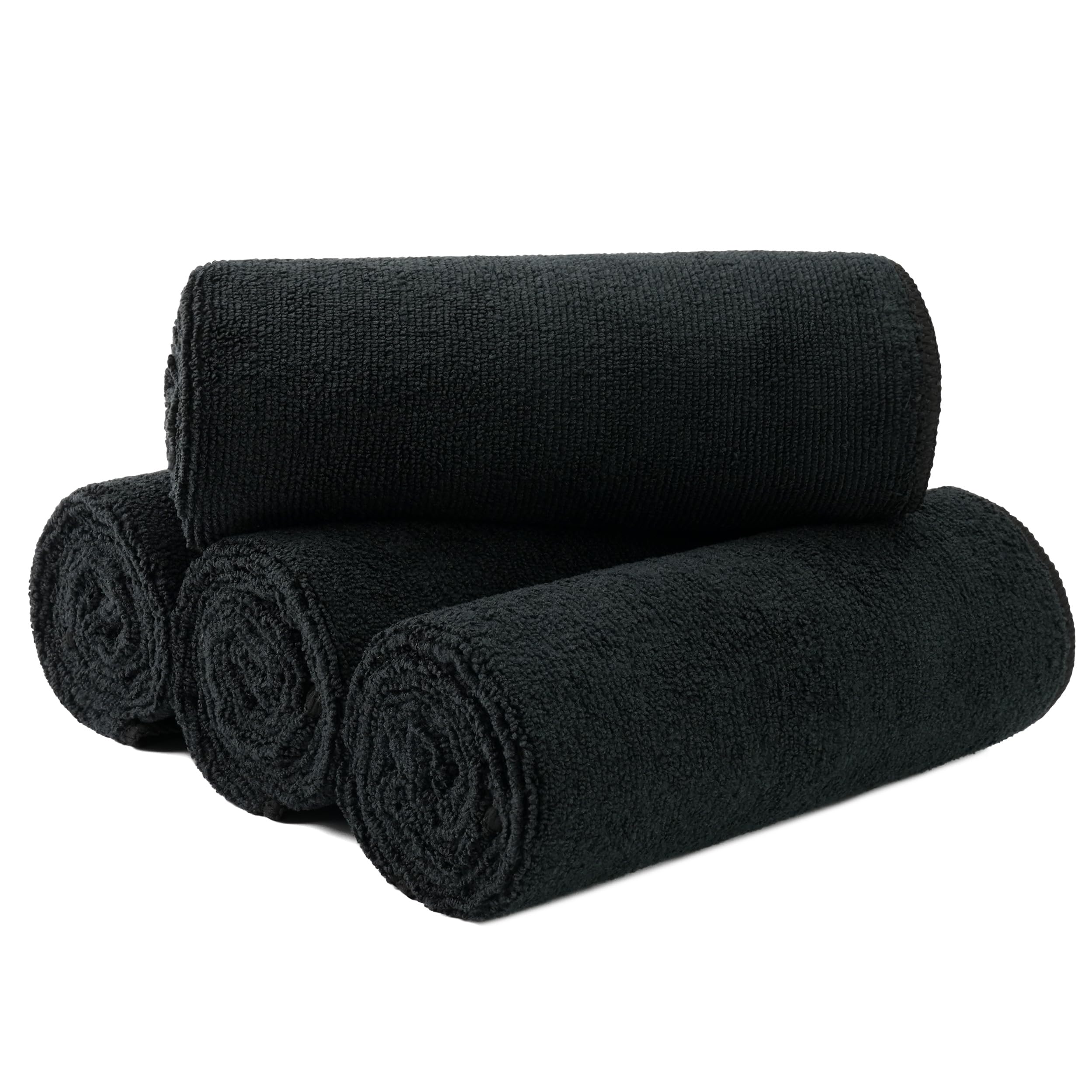 MICROFI front packaging view showing four black towels and quick-dry benefit