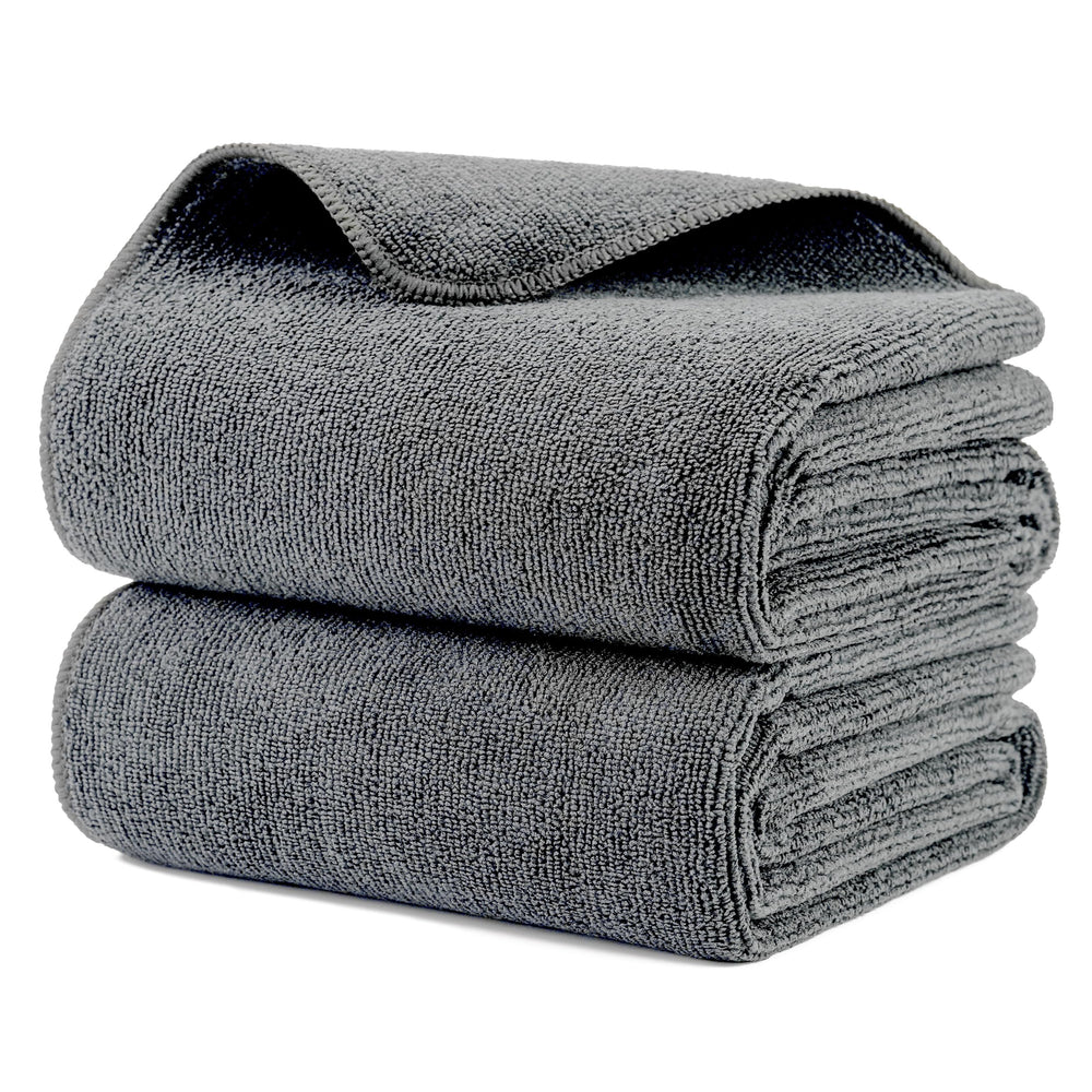 MICROFI front view of two gray towels showing professional look and quick-dry benefit