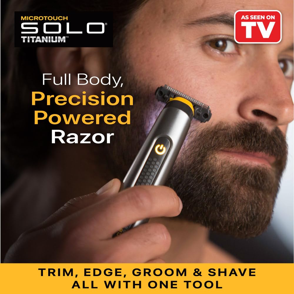 MicroTouch SOLO titanium blade close-up showing sharp edge for precise trimming