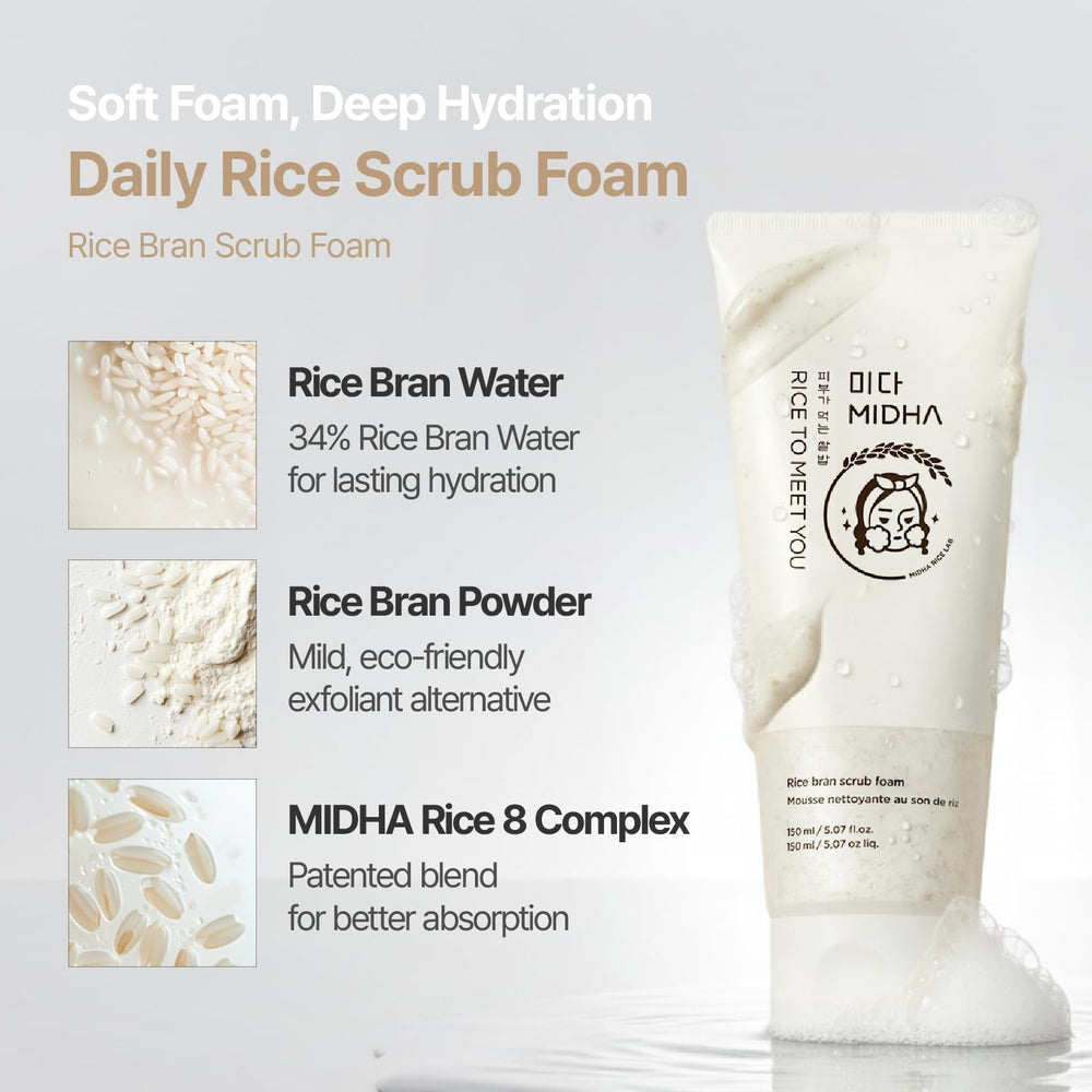 MIDHA scrub granules detail highlighting rice-powered exfoliation benefit