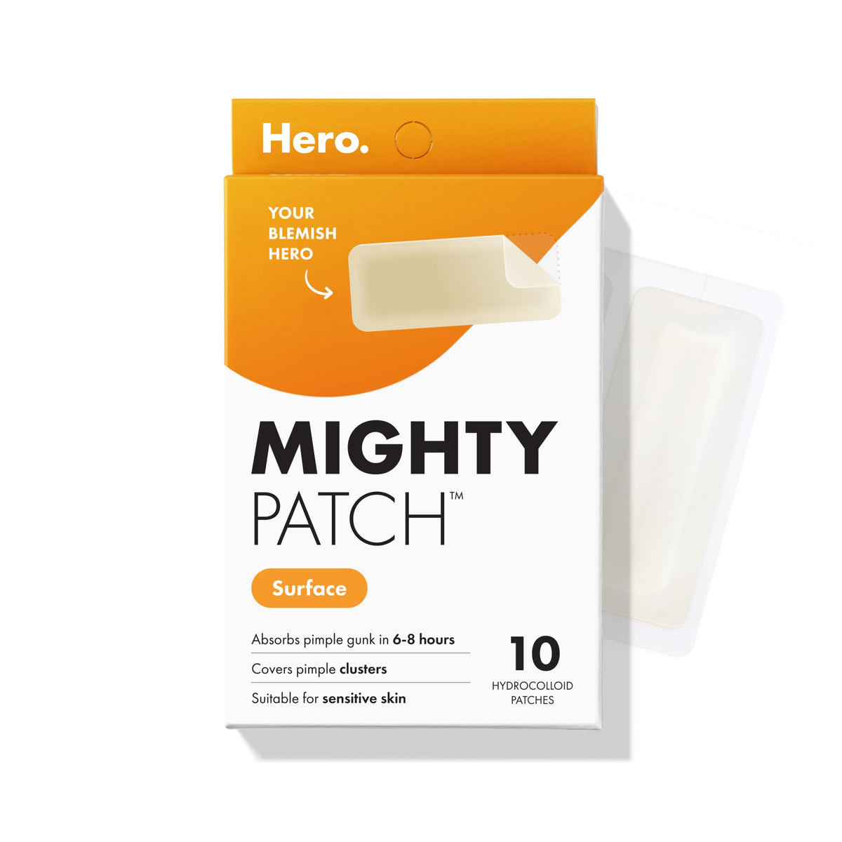 Mighty Patch front packaging showing 10 large hydrocolloid strips, clear benefits