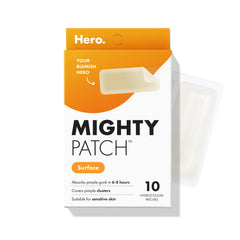 Mighty Patch front packaging showing 10 large hydrocolloid strips, clear benefits