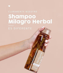 Milagros shampoo pouring from bottle showing texture and natural extract pieces