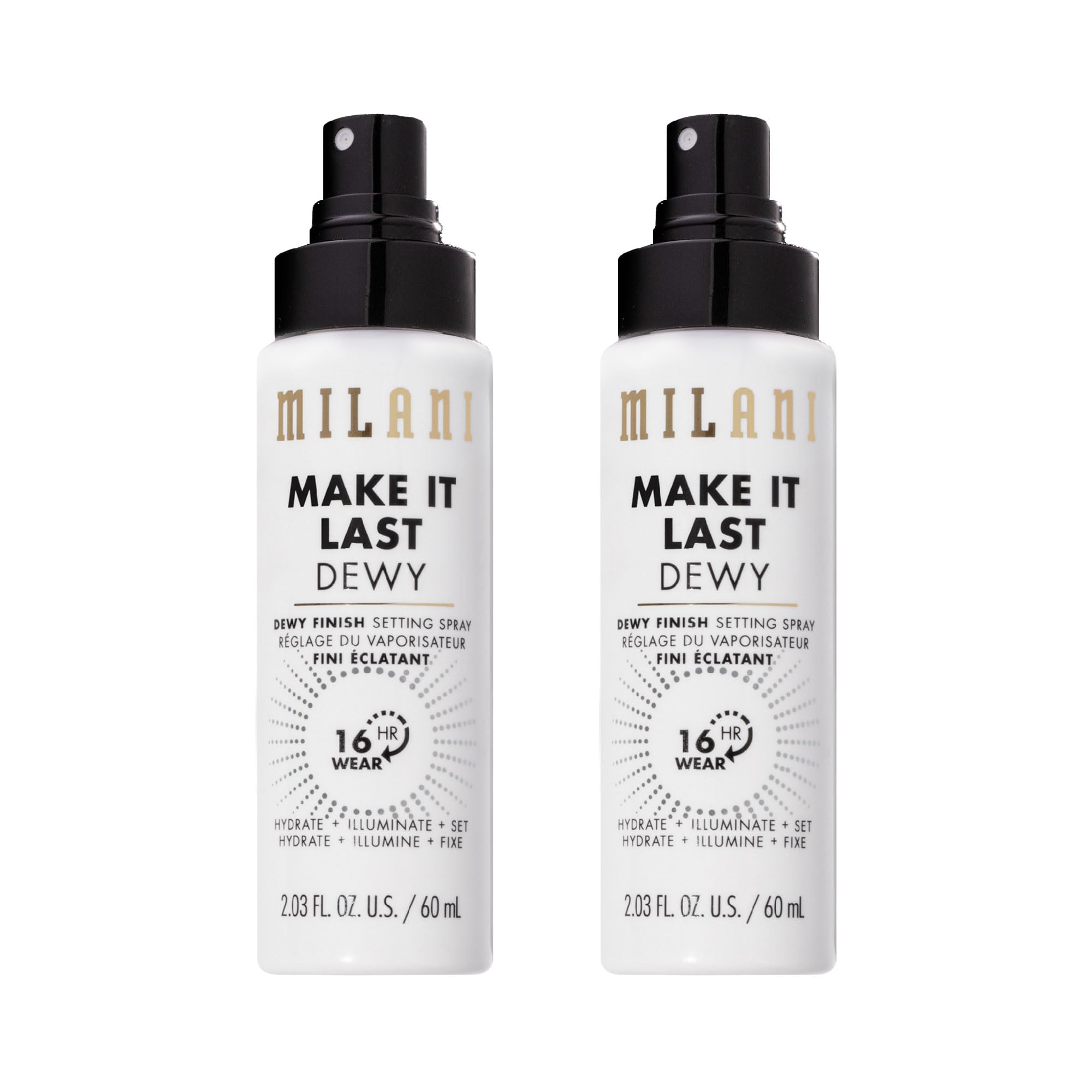 Milani front packaging showing dewy setting spray and easy storage benefit