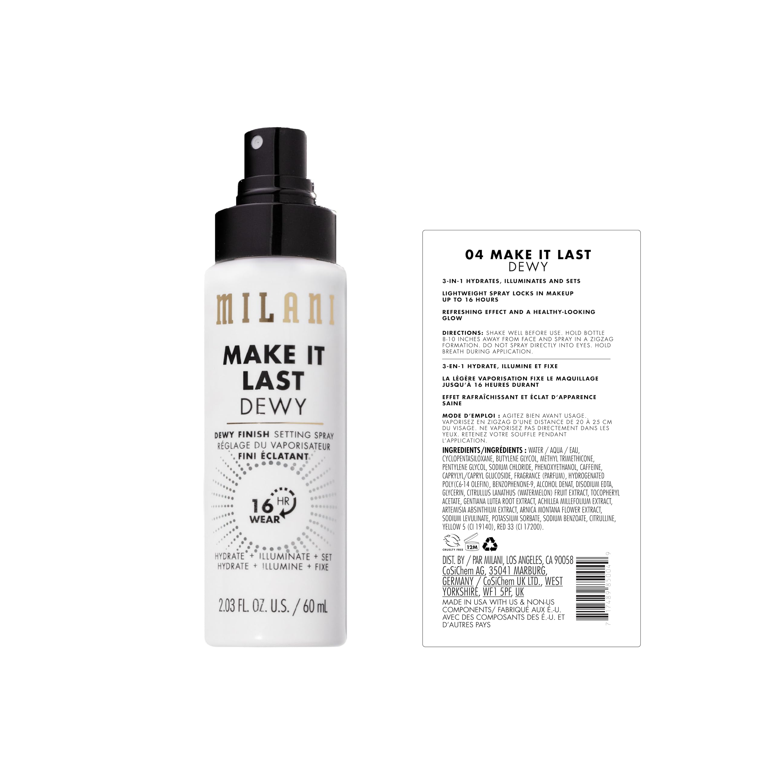 Milani label close up highlighting ingredients and longwear benefit