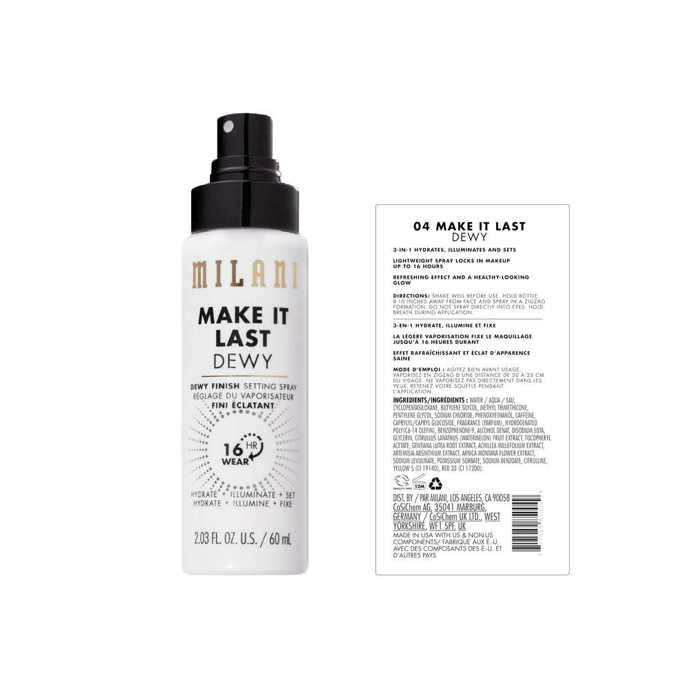 Milani label close up highlighting ingredients and longwear benefit